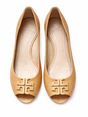 Tory Burch Tan Leather Peep-Toe Wedge Heels | Size 9